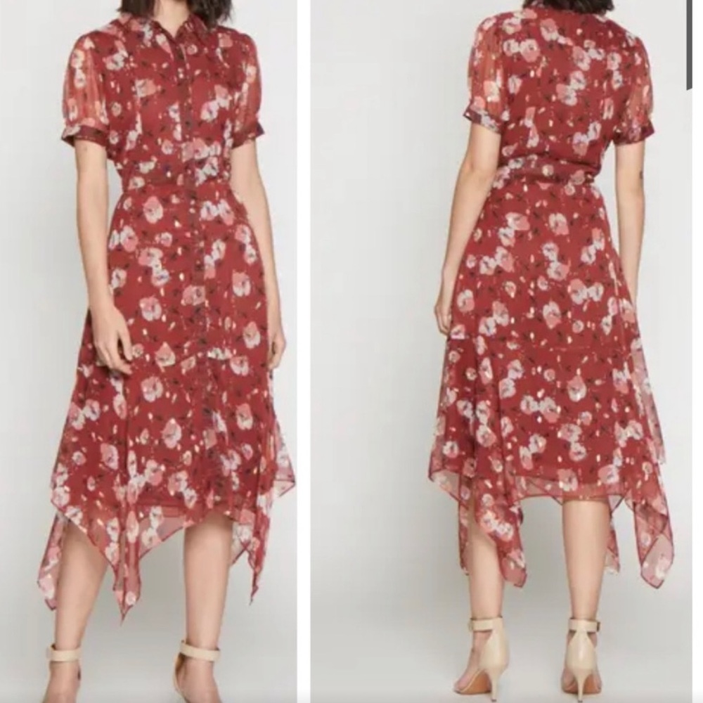 Walter Baker Smith Dress in berry hibiscus handkerchief hem midi dress size S